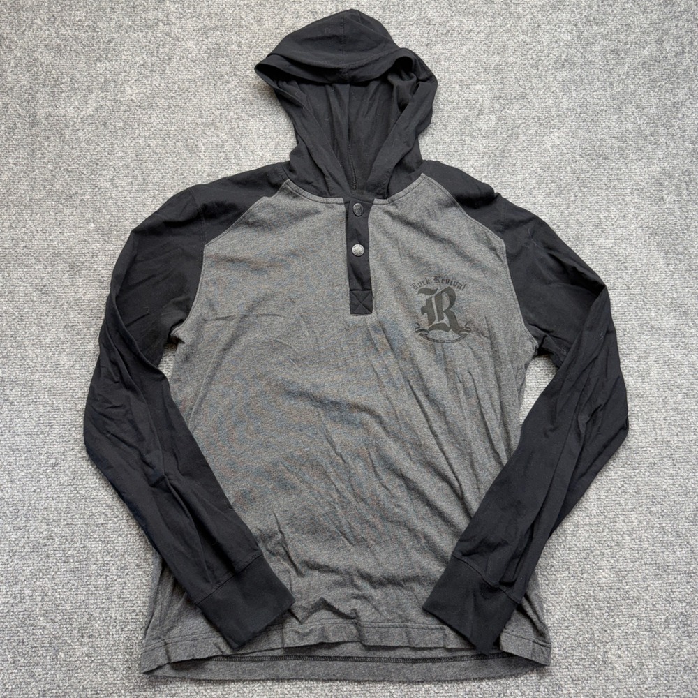 Rock Revival Mens Grey Black Hooded Henley Raglan Shirt RRSP3059 Logo Graphic M
